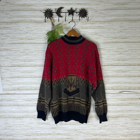Vintage Other - Vintage Red Chunky Cotton Medieval Sword Crest Mockneck Sweater